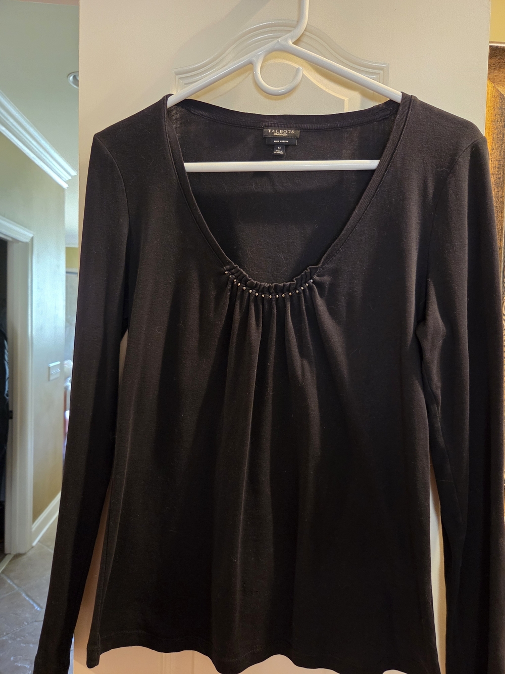 Talbots Black Long Sleeve Scoop Neck Top with Bead Accent